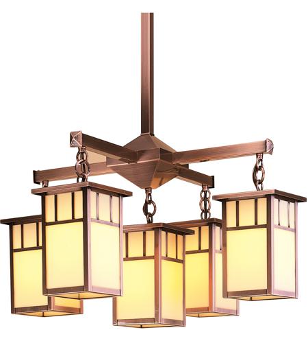 Arroyo Craftsman HCH-4L/4-1EGW-MB Huntington 5 Light 24 inch Mission Brown Chandelier Ceiling Light in Gold White Iridescent photo