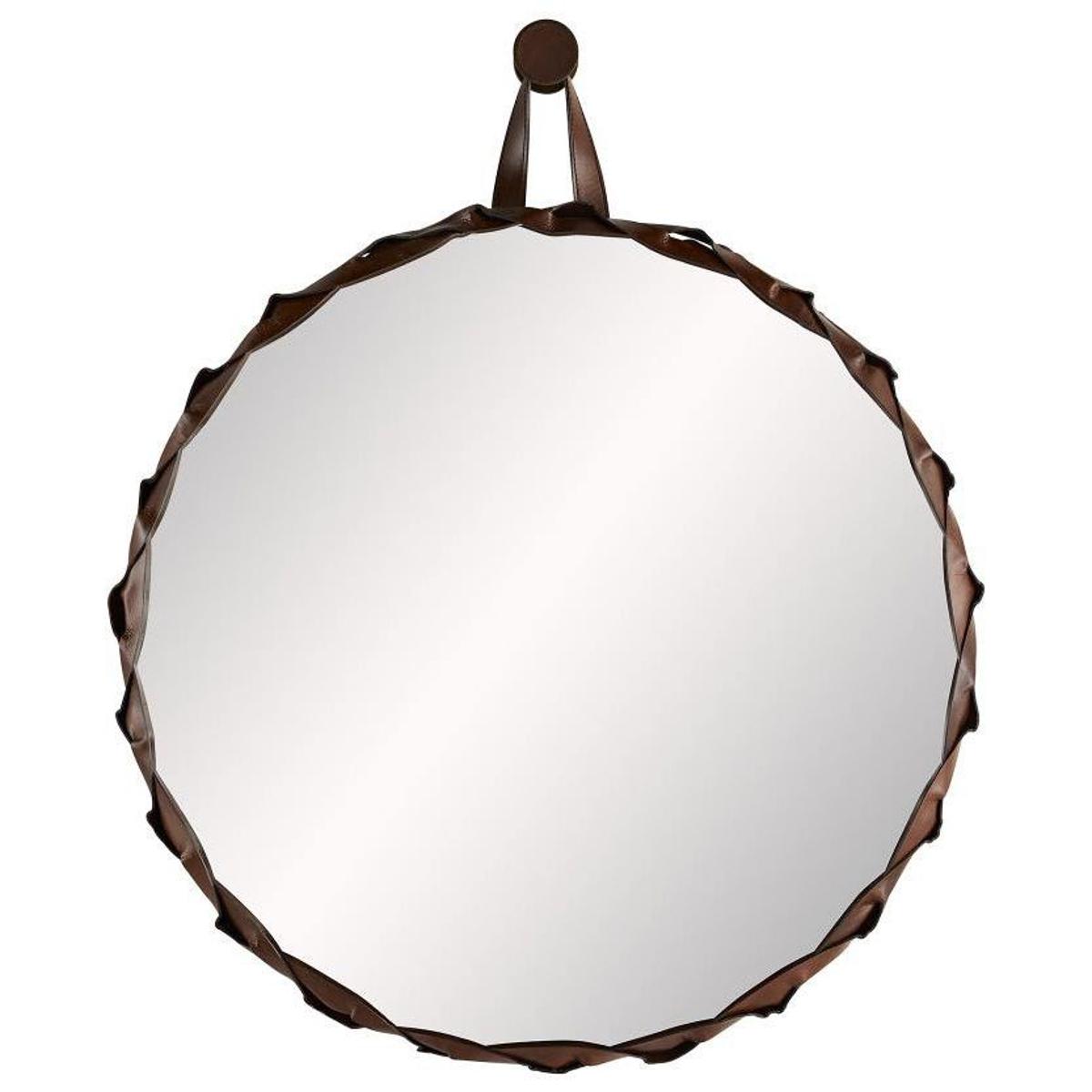 Powell Modern Brown Leather Loop Round Wall Mirror Large