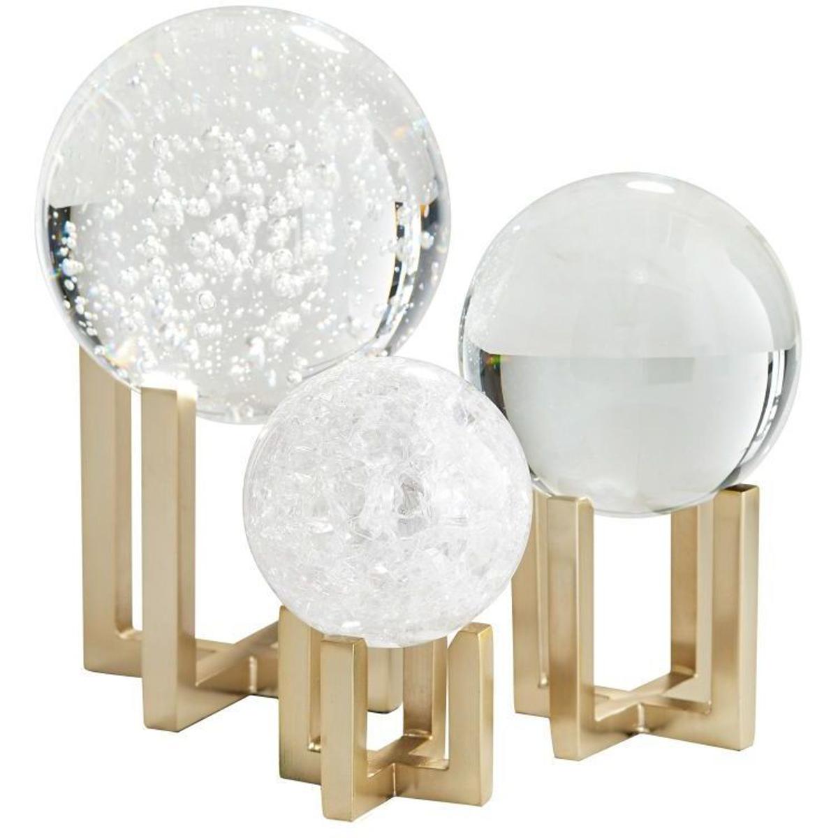 Macarthur Hollywood Regency Crystal Gold Brass Globe Sculpture - Set of 3