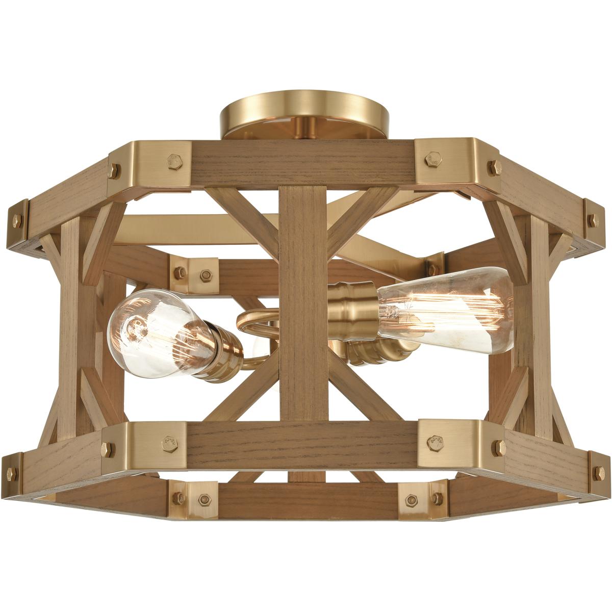 Atlas Lighting & Home CL11915-BS Structure 3 Light 18 inch Satin Brass with Medium Oak Semi Flush Mount Ceiling Light