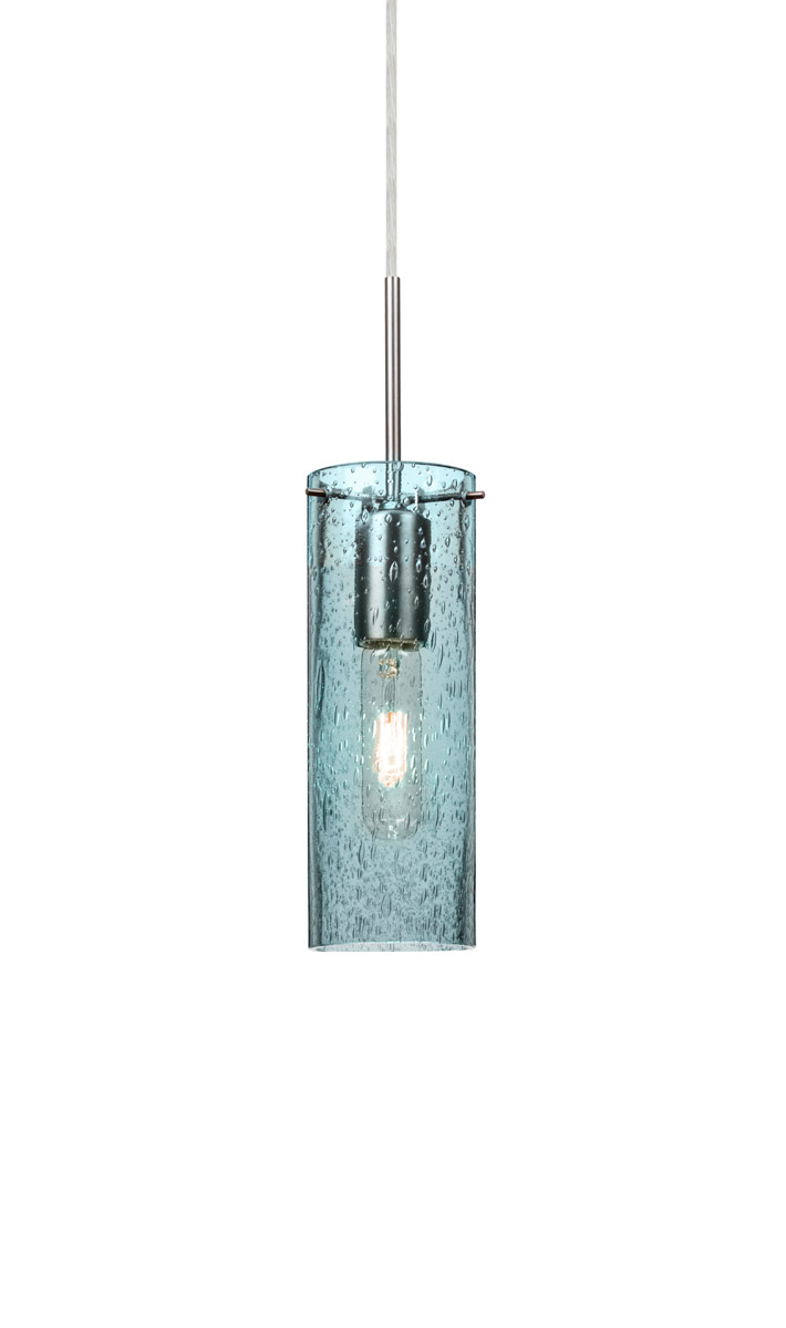 Besa Lighting 1JT-JUNI10BL-SN Juni 10 1 Light Satin Nickel Pendant Ceiling Light in Blue Bubble Glass