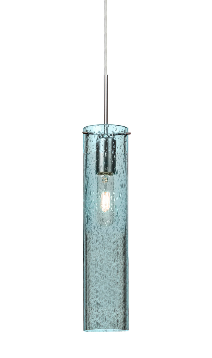 Besa Lighting 1JT-JUNI16BL-SN Juni 16 1 Light Satin Nickel Pendant Ceiling Light in Blue Bubble Glass