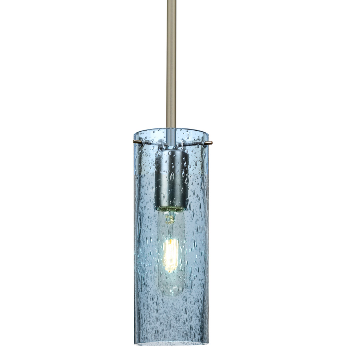 Besa Lighting 1TT-JUNI10BL-SN Juni 10 1 Light Satin Nickel Stem Pendant Ceiling Light in Blue Bubble Glass