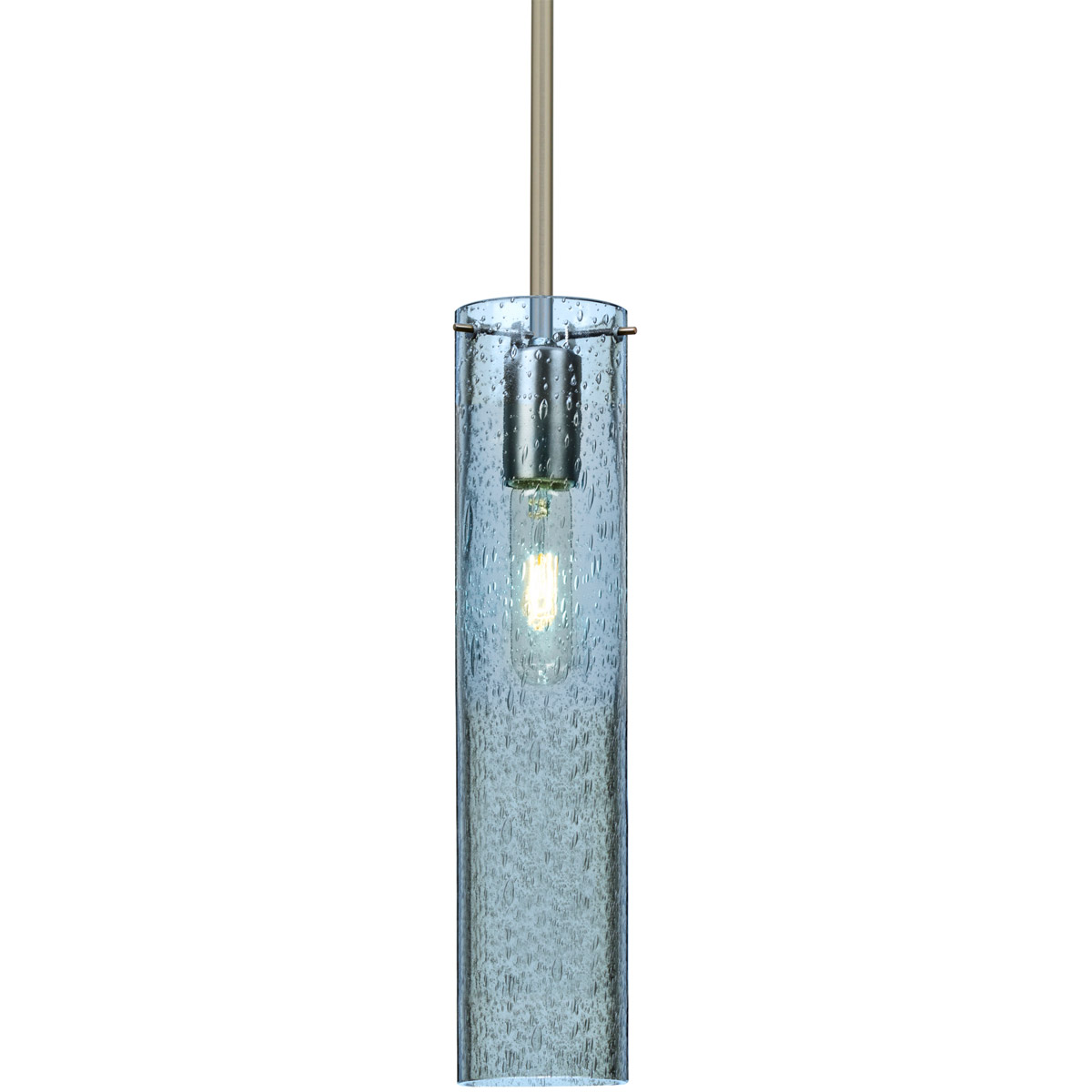 Besa Lighting 1TT-JUNI16BL-SN Juni 16 1 Light Satin Nickel Stem Pendant Ceiling Light in Blue Bubble Glass