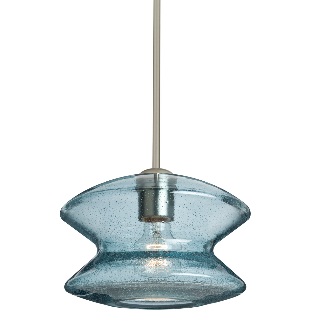 Besa Lighting 1TT-ZENBL-SN Zen 1 Light Satin Nickel Pendant Ceiling Light in Blue Bubble Glass