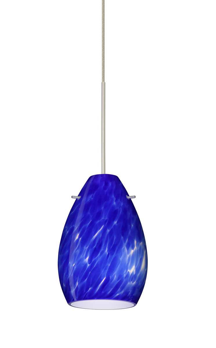 Besa Lighting 1XT-171386-SN Pera 1 Light Satin Nickel Pendant Ceiling Light in Blue Cloud Glass, Incandescent