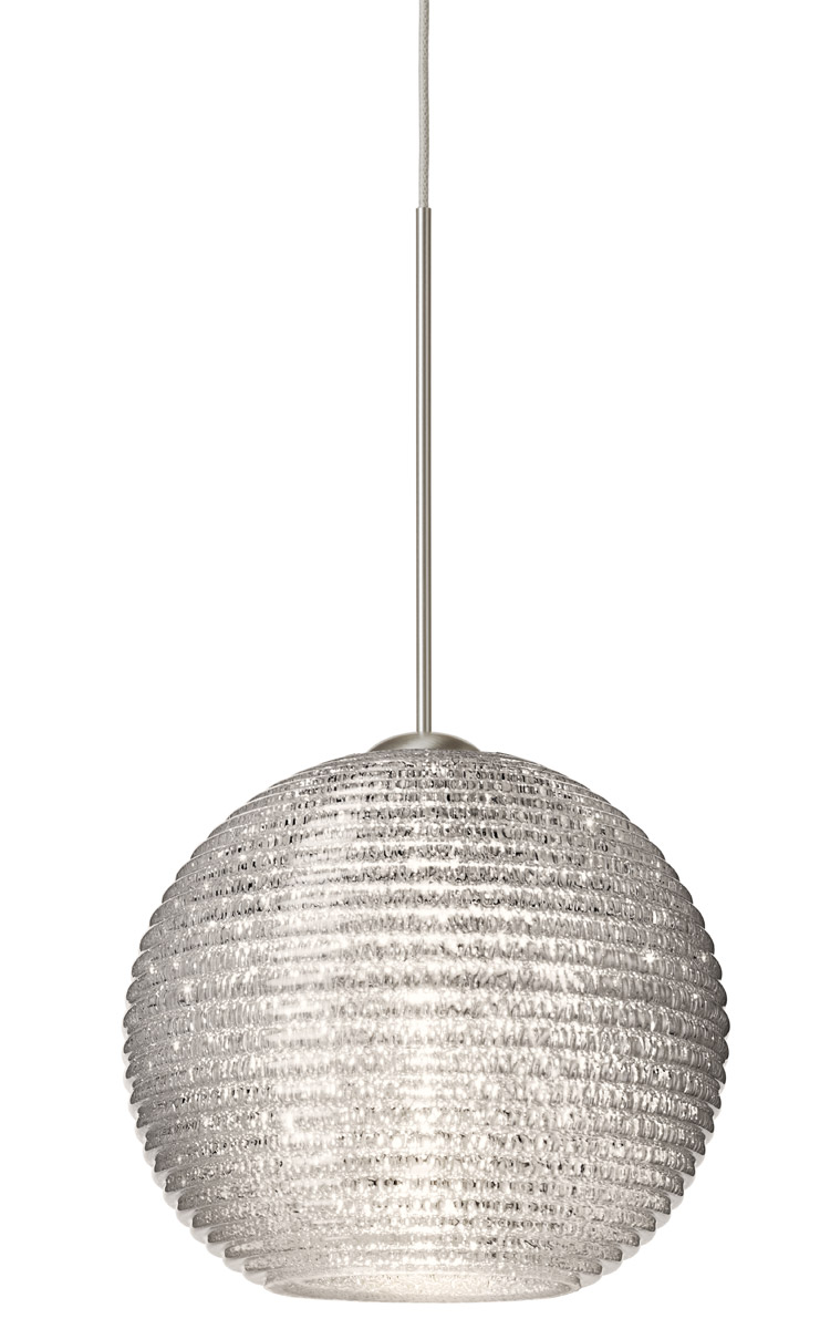 Besa Lighting 1XT-4615GL-SN Kristall 1 Light Satin Nickel Pendant Ceiling Light in Incandescent, Glitter Ribbed Glass