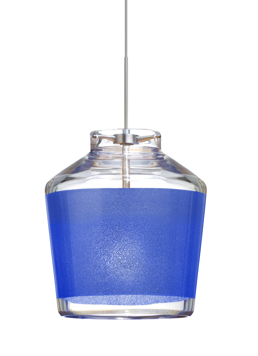 Besa Lighting 1XT-PIC6BL-SN Pica 6 1 Light Satin Nickel Pendant Ceiling Light in Halogen, Blue Sand Glass