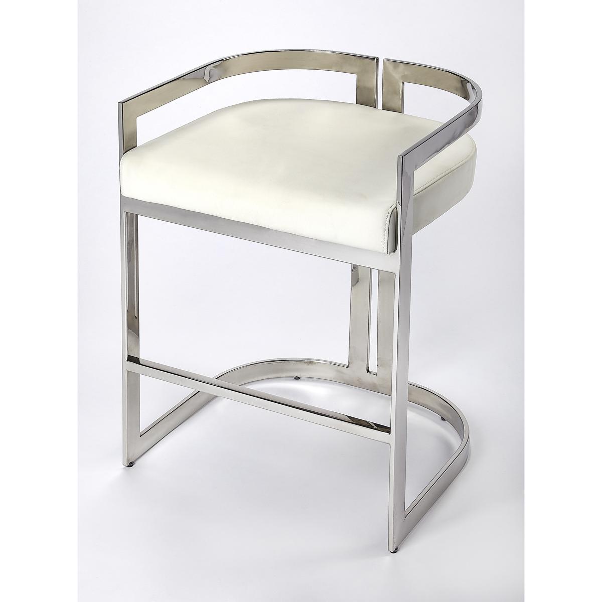 Butler 5377220 Butler Loft Bravo Silver & White Faux Leather 28 inch Nickel Plated Barstool