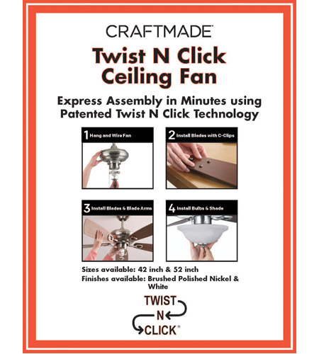 Craftmade TCE52BNK5C1 Twist N Click 52 inch Brushed Polished Nickel with Ash/Mahogany Blades Ceiling Fan 8.5-x-11-TwistClick_handout.jpg