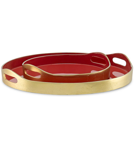 Currey & Company 1200-0362 Riya Gold and Red Tray Set, Set of 2