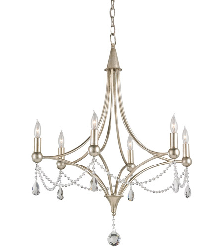 ANTQUE SILVER LEAF 6 LIGHT CHANDELIER WITH SHADES 