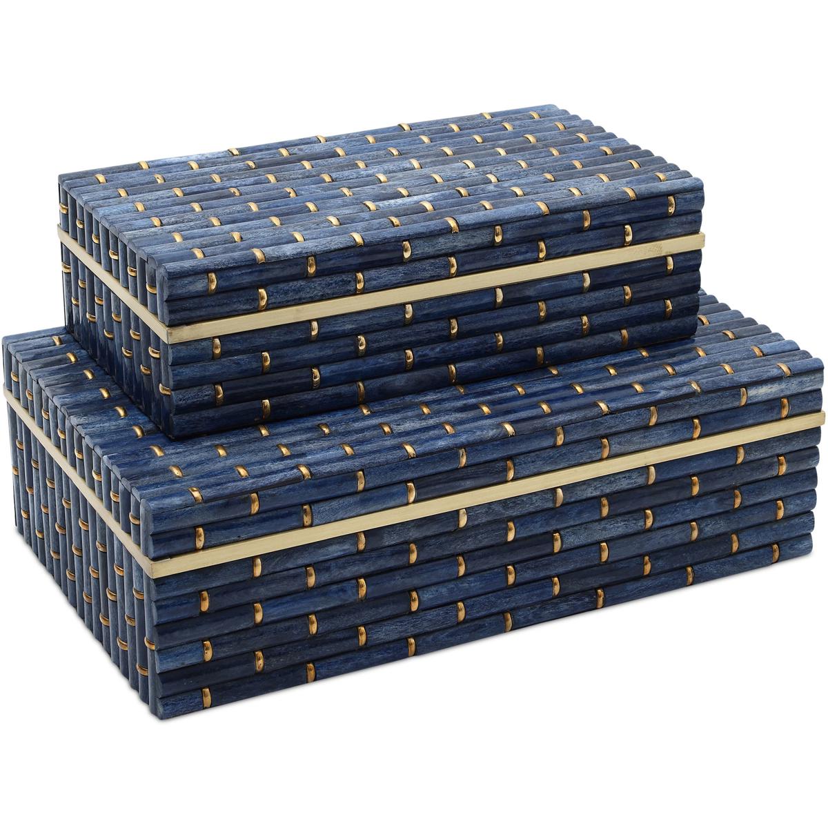 Currey & Company 1200-1060 Midnight Bamboo 12 inch Blue and Brass Boxes, Set of 2
