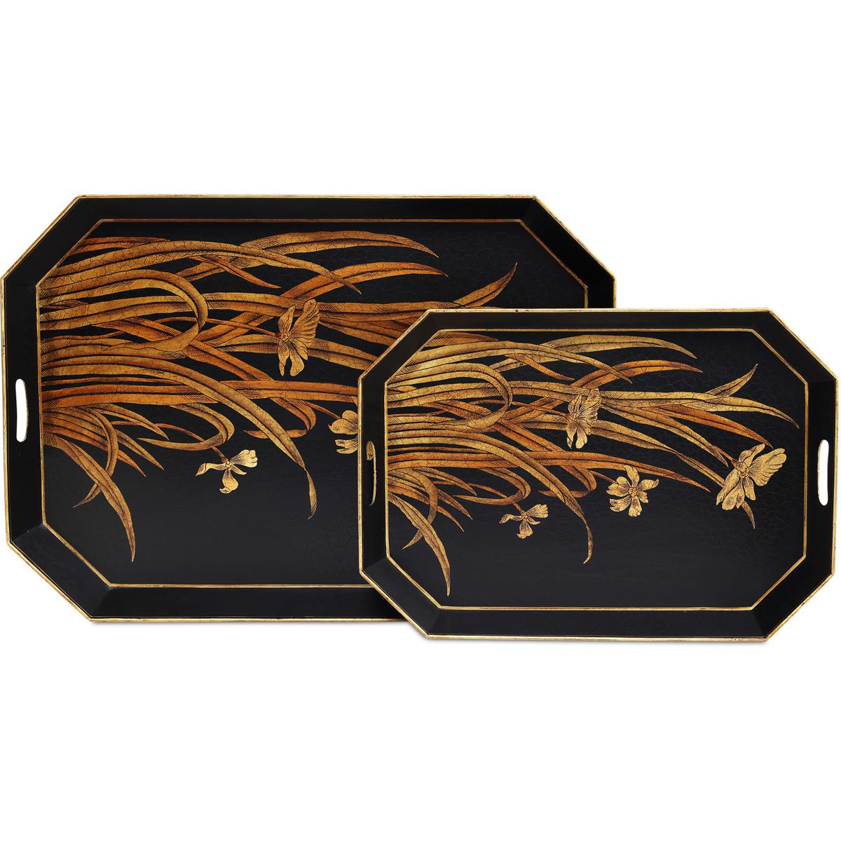 Currey & Company 1200-1063 Glasshouse Black and Gold Trays, Set of 2
