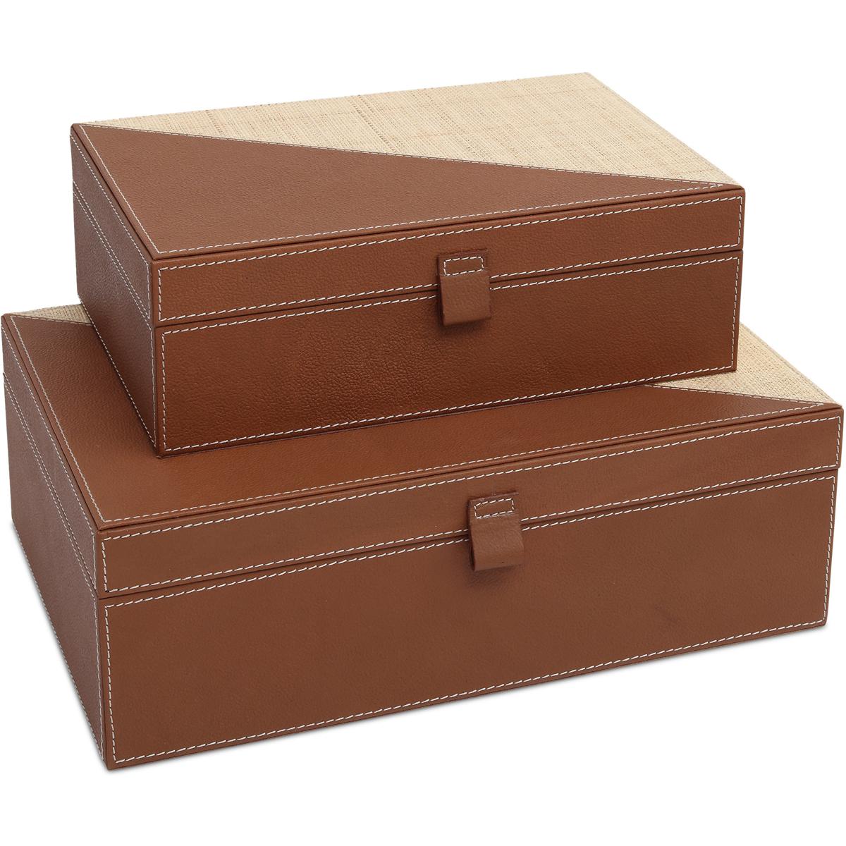 Currey & Company 1200-1069 Leather & Raffia 12 inch Brown and Natural Boxes, Set of 2