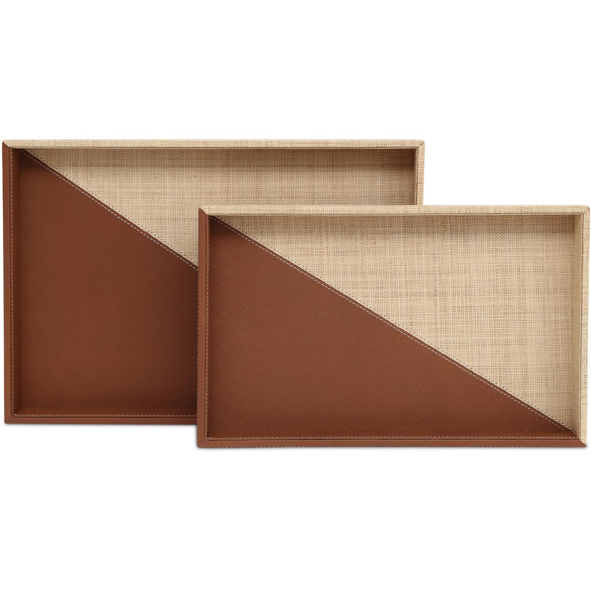 Currey & Company 1200-1070 Leather & Raffia Brown and Natural Trays, Set of 2