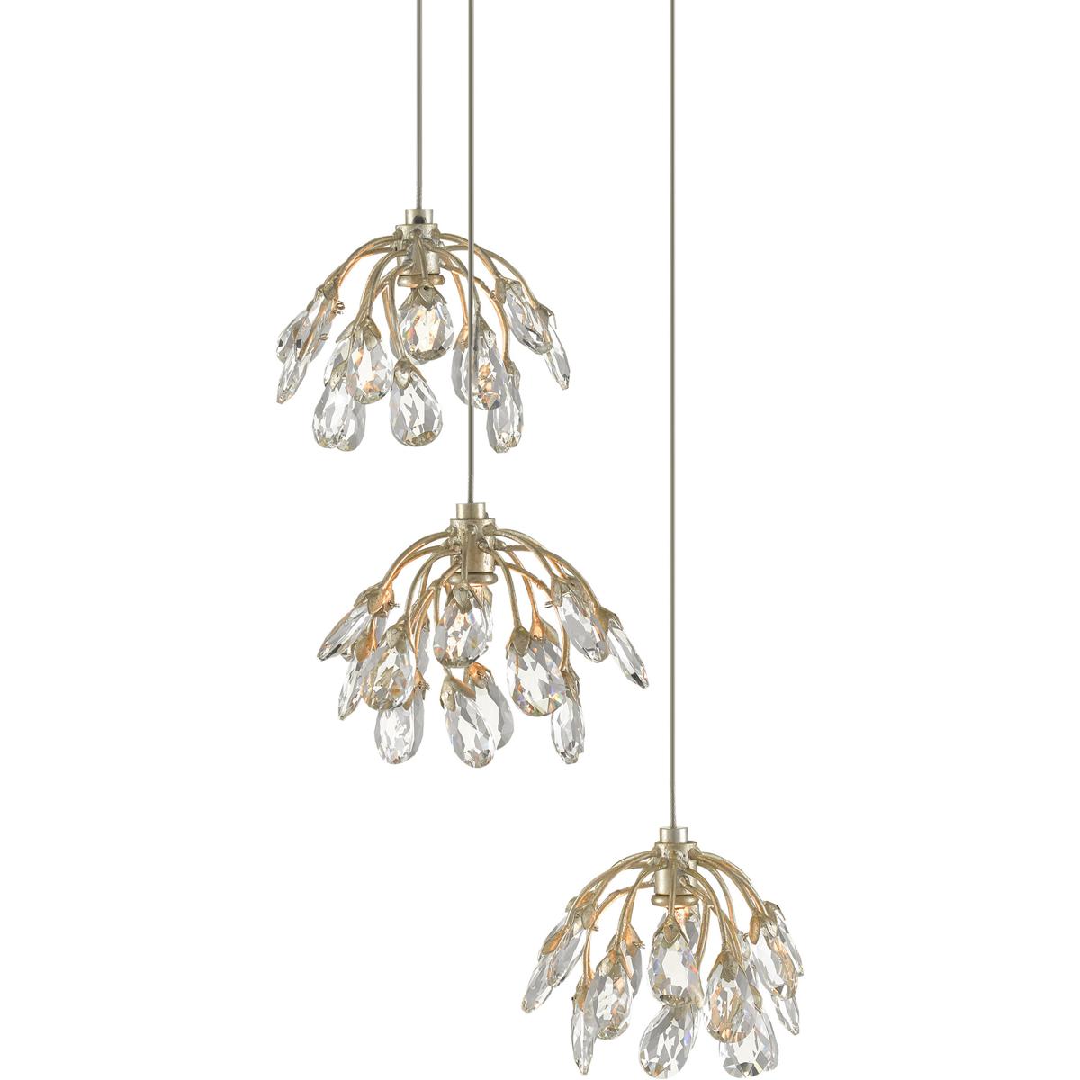Currey & Company 9000-0668 Crystal Bud 3 Light 13.5 inch Contemporary Silver Leaf Multi-Drop Pendant Ceiling Light