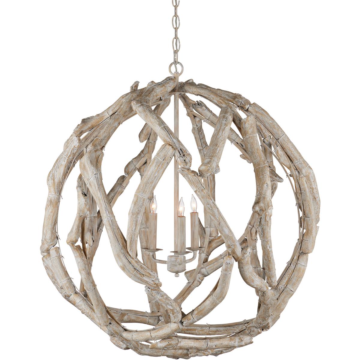 Currey & Company 9000-1133 Driftwood 3 Light 29 inch Whitewash Orb Chandelier Ceiling Light