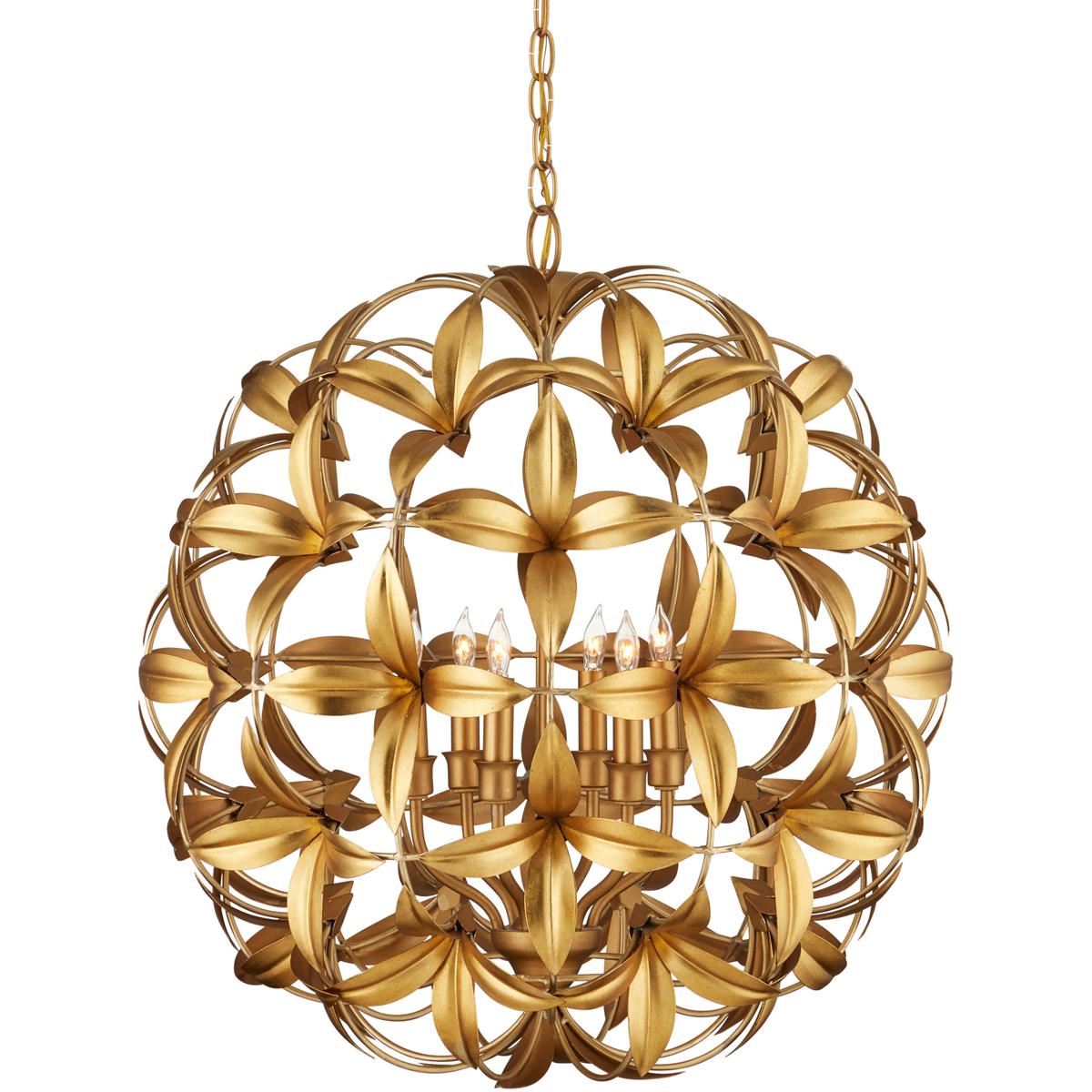 Currey & Company 9000-1214 Helenium 6 Light 24 inch Contemporary Gold Leaf and Contemporary Gold Orb Chandelier Ceiling Light