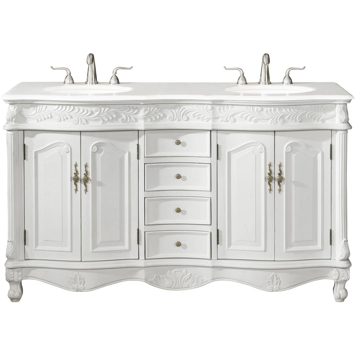 VF-1049-VW 60 in. Double Bathroom Vanity with Ivory White Engineered Marble, Antique White