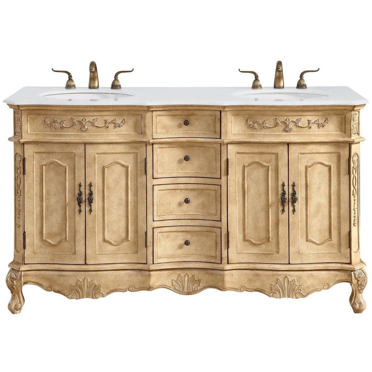 VF10160DAB-VW 60 in. Double Bathroom Vanity with Ivory White Engineered Marble, Antique Beige