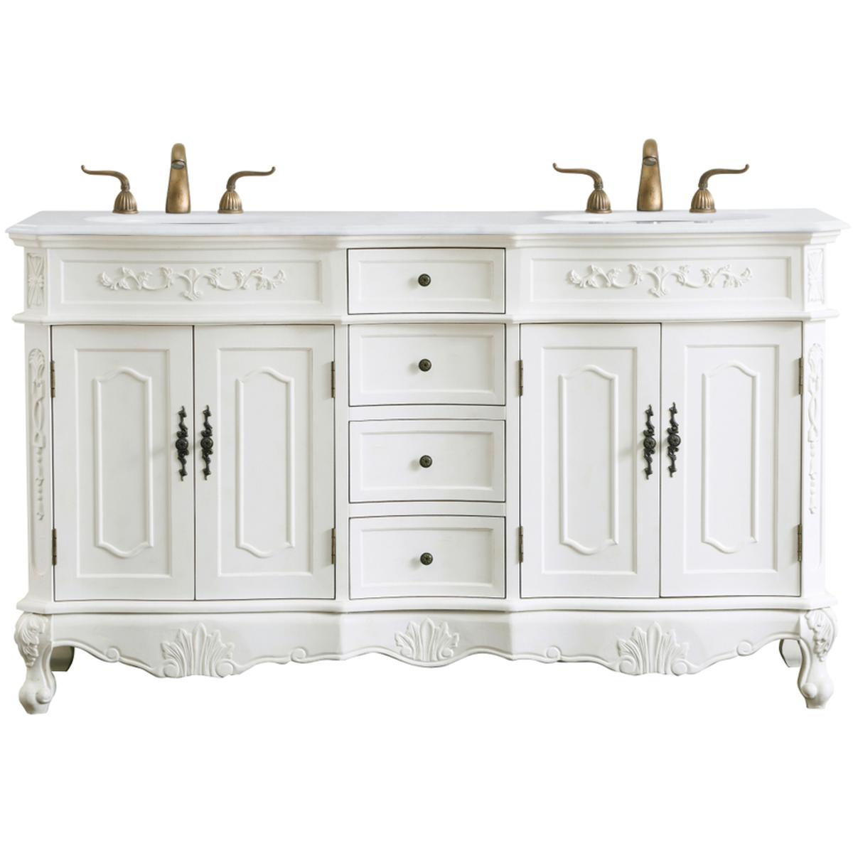 VF10160DAW-VW 60 in. Double Bathroom Vanity with Ivory White Engineered Marble, Antique White