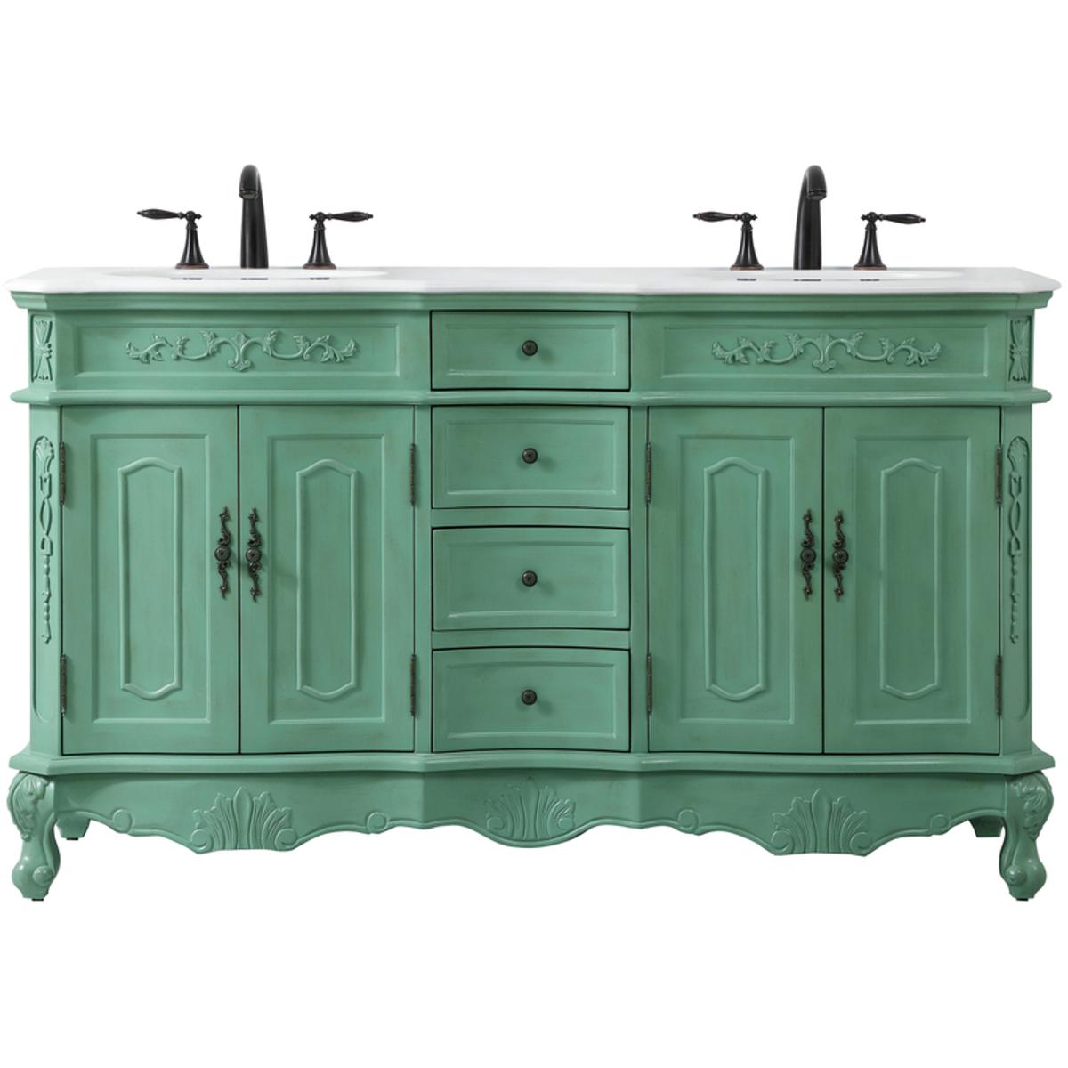 VF10160DVM-VW 60 in. Double Bathroom Vanity with Ivory White Engineered Marble, Vintage Mint