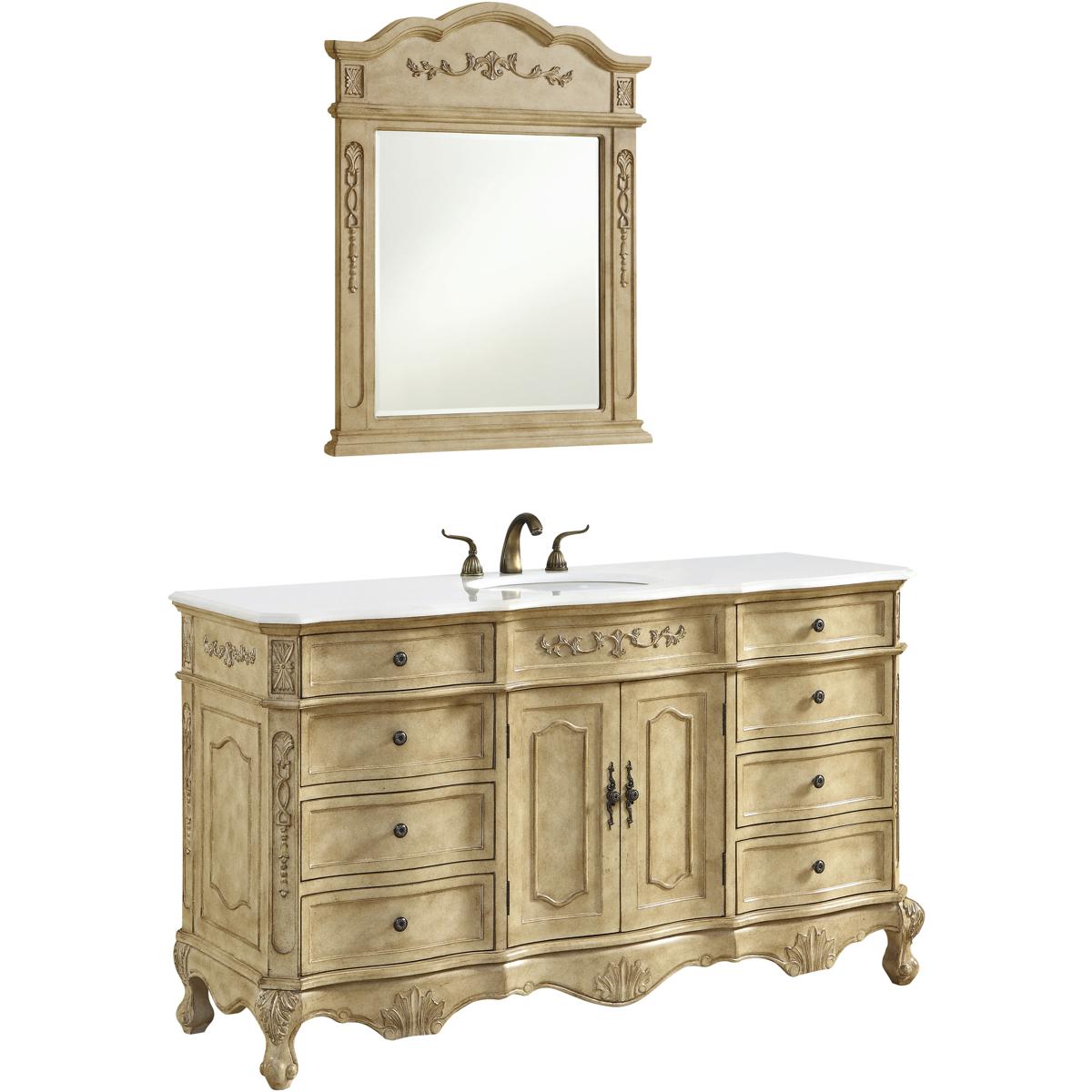 VF101S60AB-VW 60 in. Single Bathroom Vanity with Ivory White Engineered Marble, Antique Beige