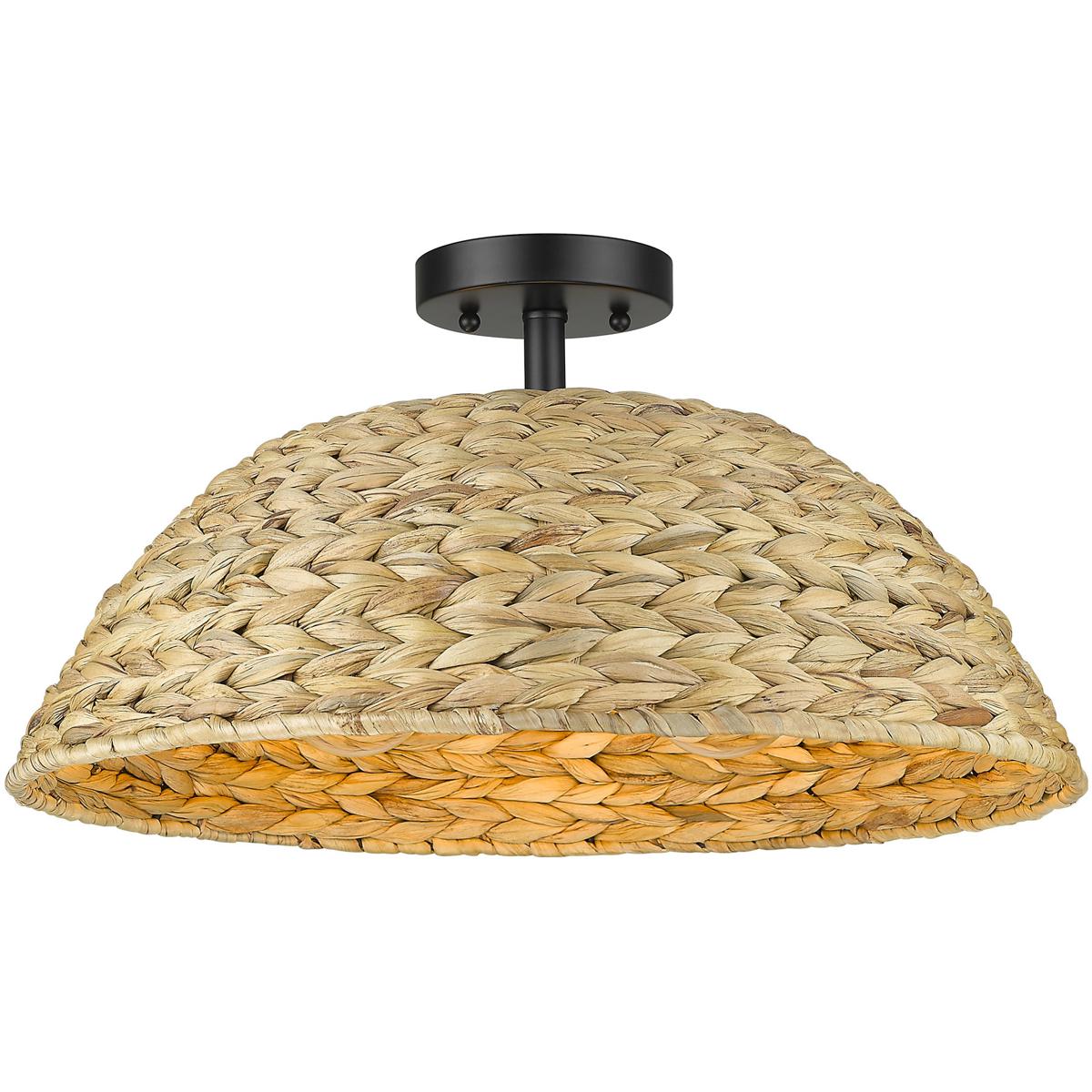 Golden Lighting 1081-SF BLK-WSG Rue 3 Light 18.75 inch Matte Black Semi-Flush Mount Ceiling Light in Woven Sweet Grass