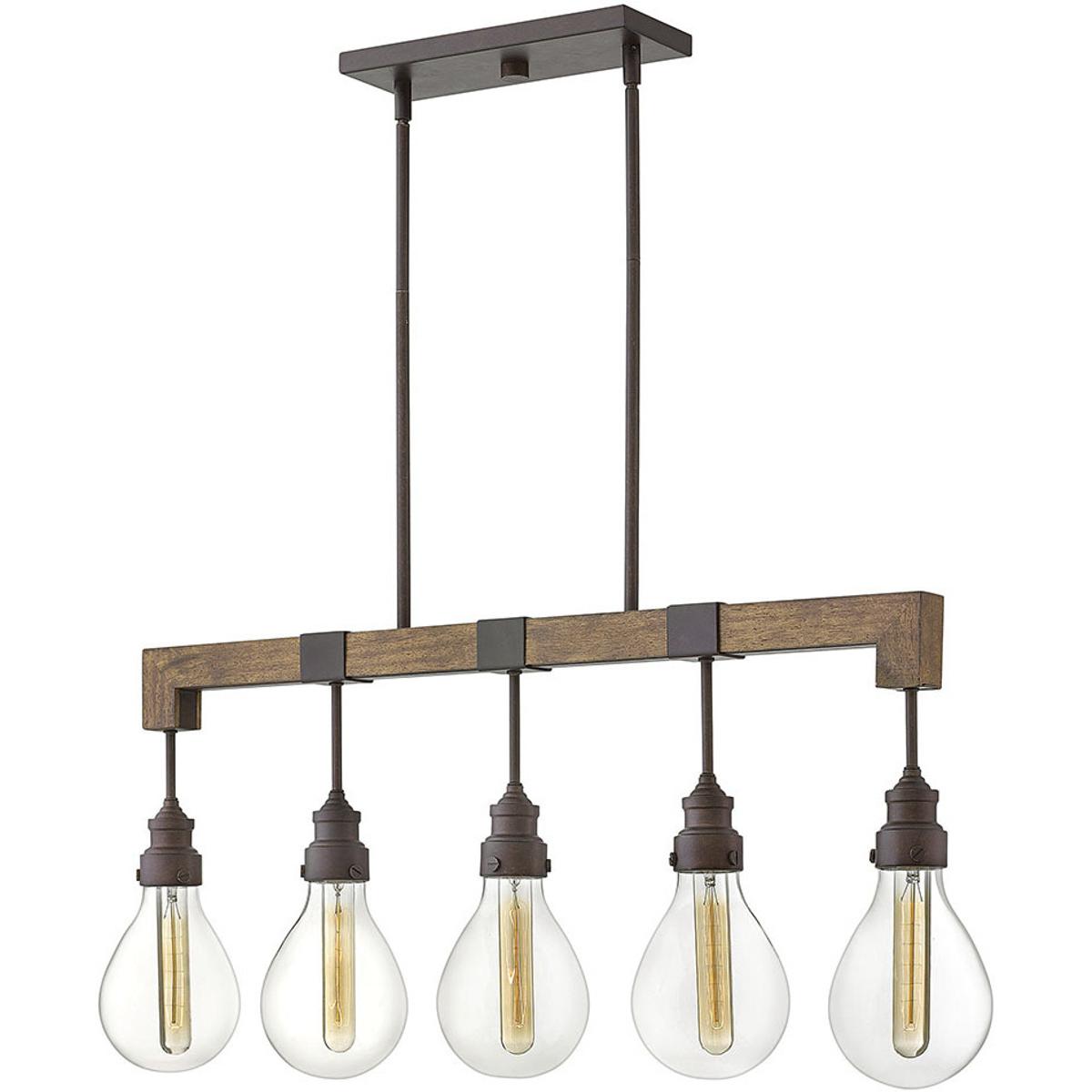 Hinkley 3266IN Denton 5 Light 36 inch Industrial Iron with Vintage Walnut Indoor Linear Chandelier Ceiling Light