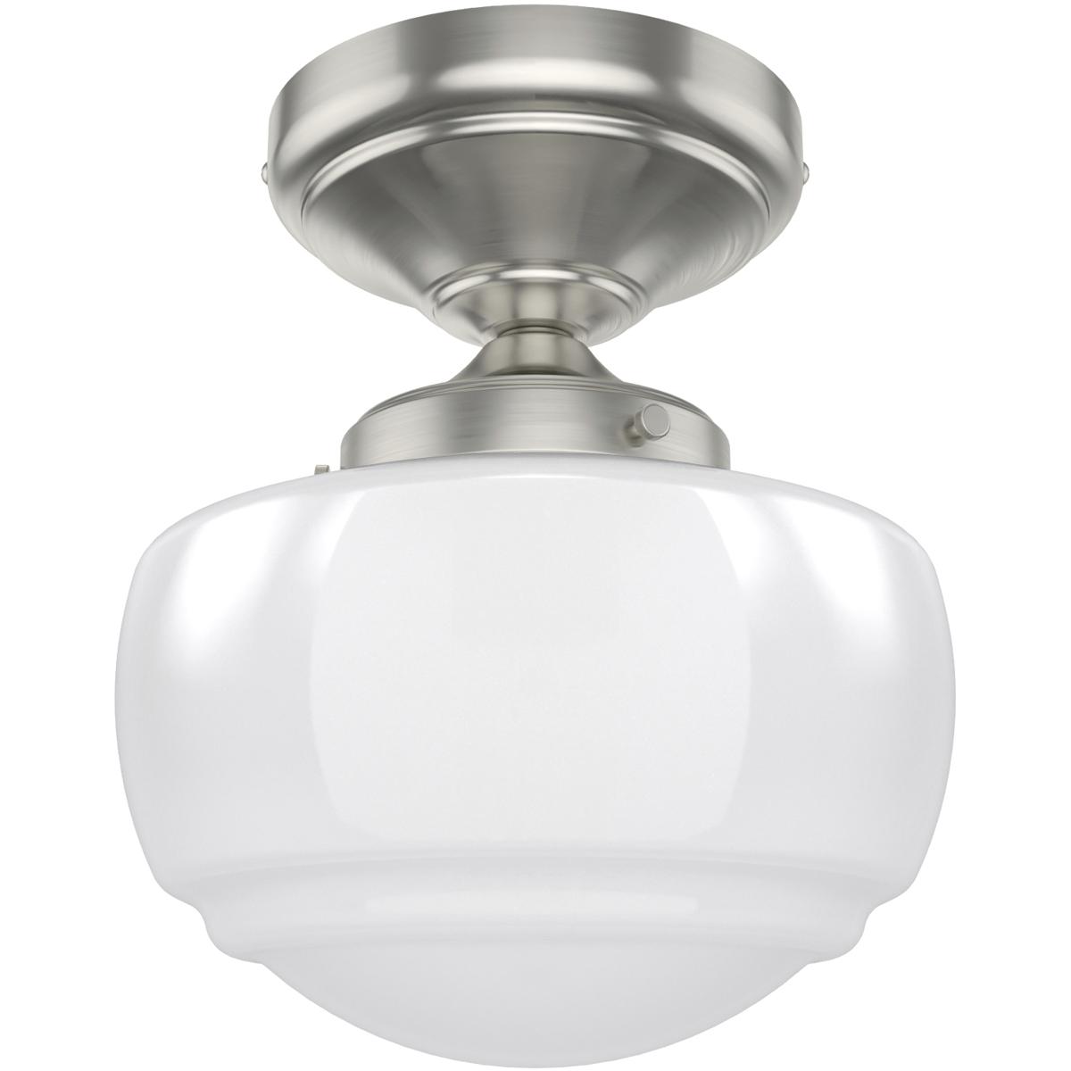 19048 7.5 in. Saddle Creek Brushed Nickel with Cased White Glass 1 Light Flush Mount Ceiling Light Fixture