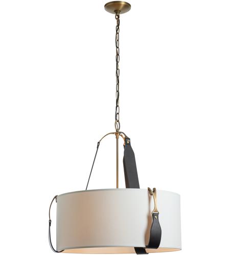 Hubbardton Forge 104070-1038 Saratoga 3 Light 26 inch Polished Nickel Pendant Ceiling Light in Leather British Brown, Natural Linen, Small
