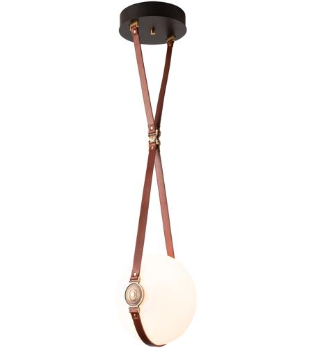 Hubbardton Forge 131040-1000 Derby LED 10 inch Antique Brass / Leather British Brown Pendant Ceiling Light in Short, British Brown Leather with Branded Plate, Black with Antique Brass photo
