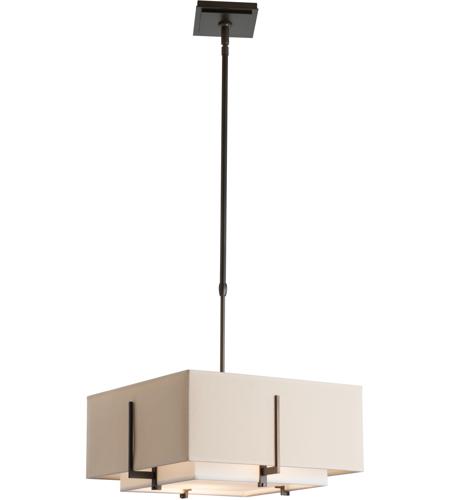 Hubbardton Forge 139625-2081 Exos Square 2 Light 17 inch Modern Brass Pendant Ceiling Light in Natural Anna/Flax, Small photo