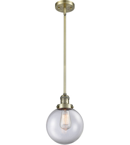 Innovations Lighting 201S-AB-G202-8-LED Franklin Restoration Large Beacon LED 8 inch Antique Brass Mini Pendant Ceiling Light in Clear Glass, Franklin Restoration photo