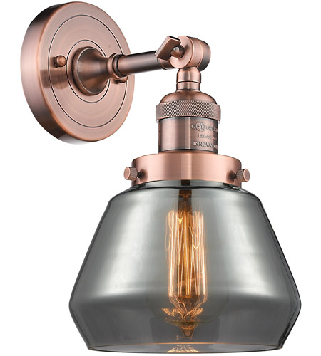 Innovations Lighting 203-AC-G173-LED Franklin Restoration Fulton LED 7 inch Antique Copper Sconce Wall Light in Plated Smoke Glass, Franklin Restoration