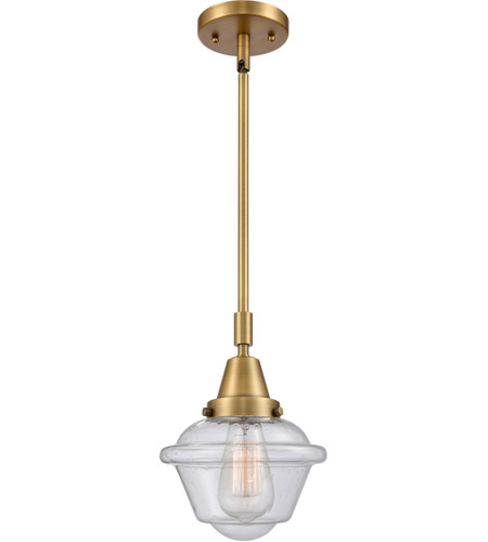 Innovations Lighting 447-1S-BB-G534-LED Franklin Restoration Small Oxford LED 8 inch Brushed Brass Mini Pendant Ceiling Light in Seedy Glass photo