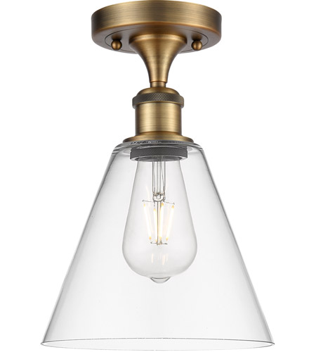 Innovations Lighting 516-1C-BB-GBC-82-LED Ballston Cone LED 8 inch Brushed Brass Semi-Flush Mount Ceiling Light in Clear Glass