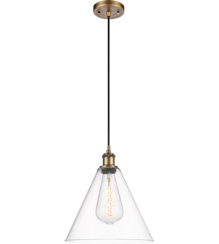 Innovations Lighting 516-1P-BB-GBC-122-LED Ballston Cone LED 12 inch Brushed Brass Mini Pendant Ceiling Light in Clear Glass