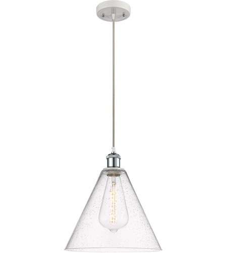 Innovations Lighting 516-1P-WPC-GBC-124-LED Ballston Cone LED 12 inch White and Polished Chrome Mini Pendant Ceiling Light in Seedy Glass