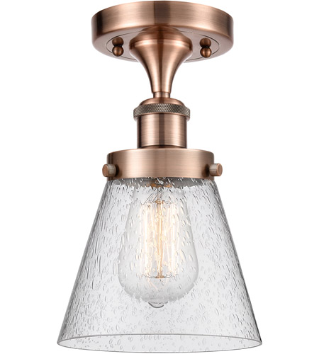Innovations Lighting 916-1C-AC-G64-LED Ballston Small Cone LED 6 inch Antique Copper Semi-Flush Mount Ceiling Light in Seedy Glass photo