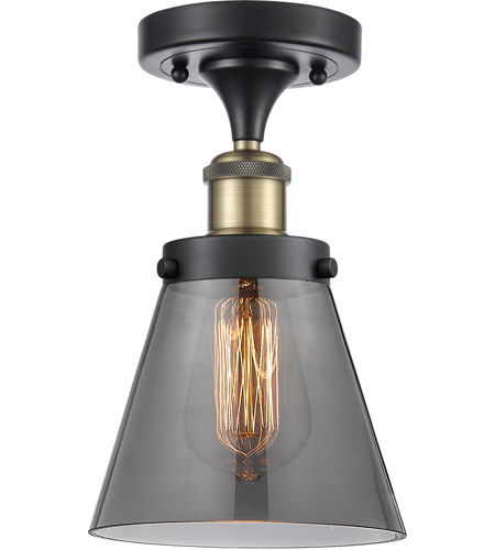 Innovations Lighting 916-1C-BAB-G63-LED Ballston Small Cone LED 6 inch Black Antique Brass Semi-Flush Mount Ceiling Light in Plated Smoke Glass