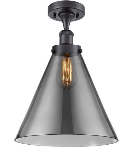 Innovations Lighting 916-1C-BK-G43-L-LED Ballston X-Large Cone LED 8 inch Matte Black Semi-Flush Mount Ceiling Light in Plated Smoke Glass