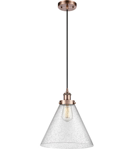 Innovations Lighting 916-1P-AC-G44-L-LED Ballston X-Large Cone LED 8 inch Antique Copper Mini Pendant Ceiling Light in Seedy Glass