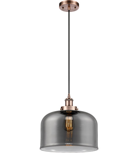 Innovations Lighting 916-1P-AC-G73-L Ballston X-Large Bell 1 Light 12 inch Antique Copper Mini Pendant Ceiling Light in Plated Smoke Glass