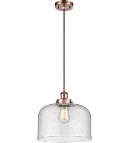 Innovations Lighting 916-1P-AC-G74-L-LED Ballston X-Large Bell LED 12 inch Antique Copper Mini Pendant Ceiling Light in Seedy Glass