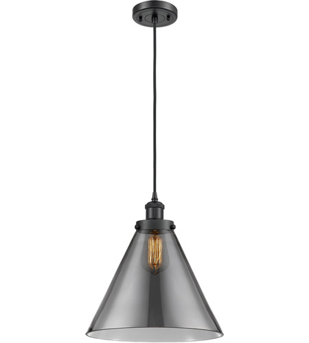 Innovations Lighting 916-1P-BK-G43-L-LED Ballston X-Large Cone LED 8 inch Matte Black Mini Pendant Ceiling Light in Plated Smoke Glass