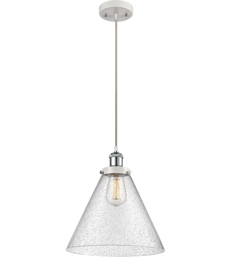 Innovations Lighting 916-1P-WPC-G44-L-LED Ballston X-Large Cone LED 8 inch White and Polished Chrome Mini Pendant Ceiling Light in Seedy Glass