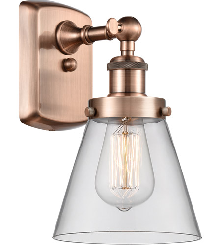 Innovations Lighting 916-1W-AC-G62-LED Ballston Small Cone LED 6 inch Antique Copper Sconce Wall Light in Clear Glass