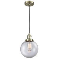 Innovations Lighting 201C-AB-G202-8-LED Franklin Restoration Large Beacon LED 8 inch Antique Brass Mini Pendant Ceiling Light in Clear Glass, Franklin Restoration photo thumbnail